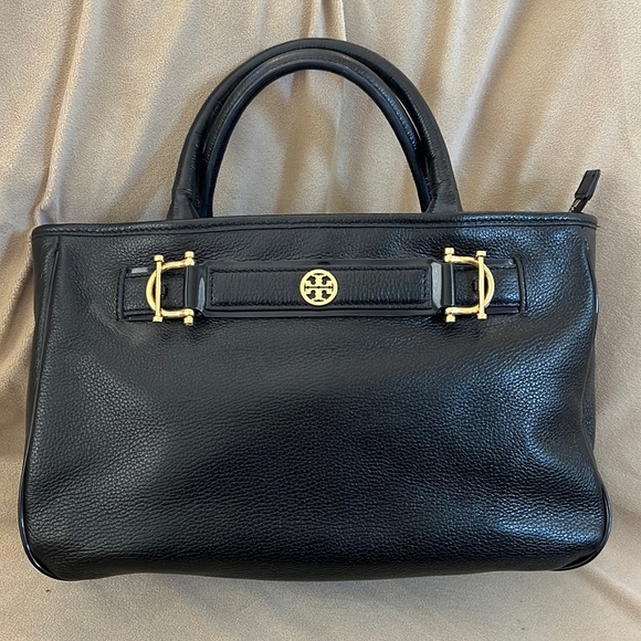Tory Burch Handbags - Tory Burch Horsebit Jaden Black Soft Pebbled Leather Satchel
